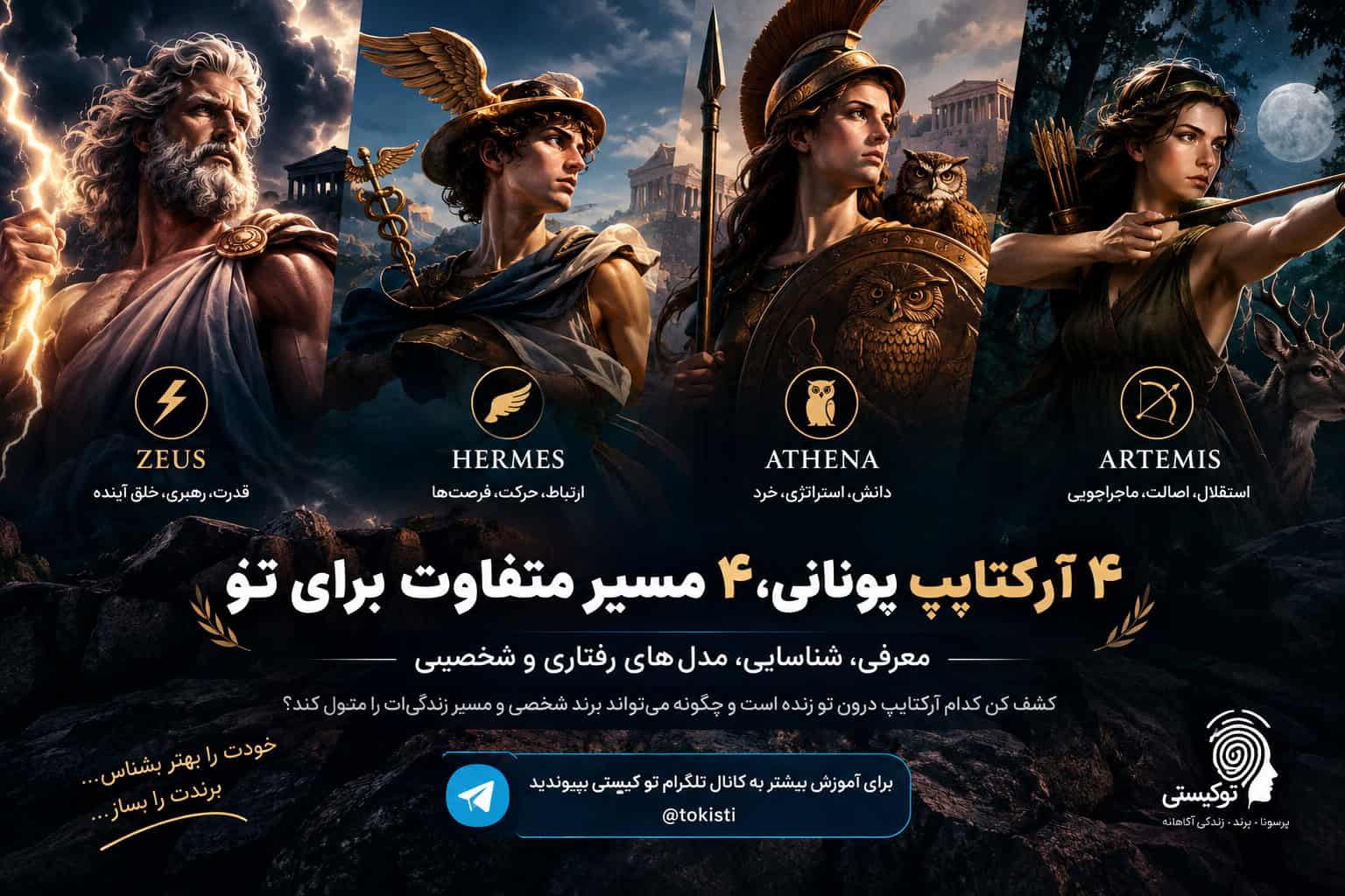 تصویر مفهومی چهار آرکتایپ زئوس هرمس آتنا و آرتمیس برای شناخت شخصیت و مدل‌های رفتاری انسان