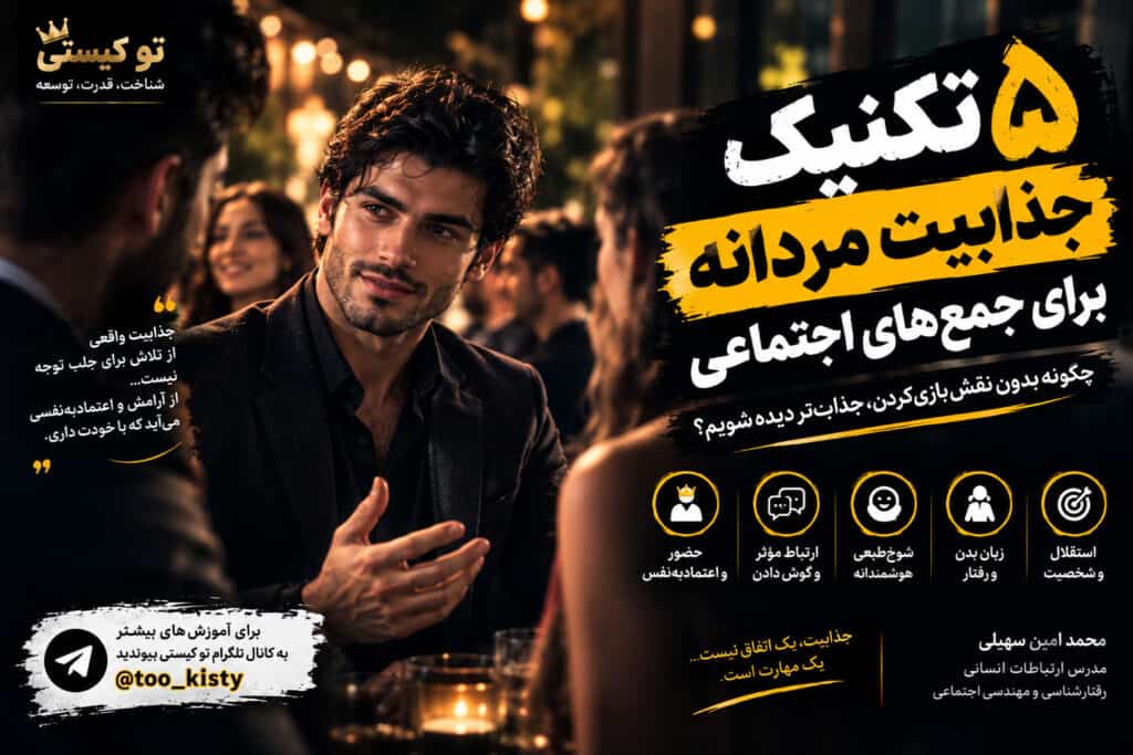 بنر مقاله ۵ تکنیک جذابیت مردانه برای جمع‌های اجتماعی با تمرکز بر اعتمادبه‌نفس، کاریزما و ارتباط مؤثر